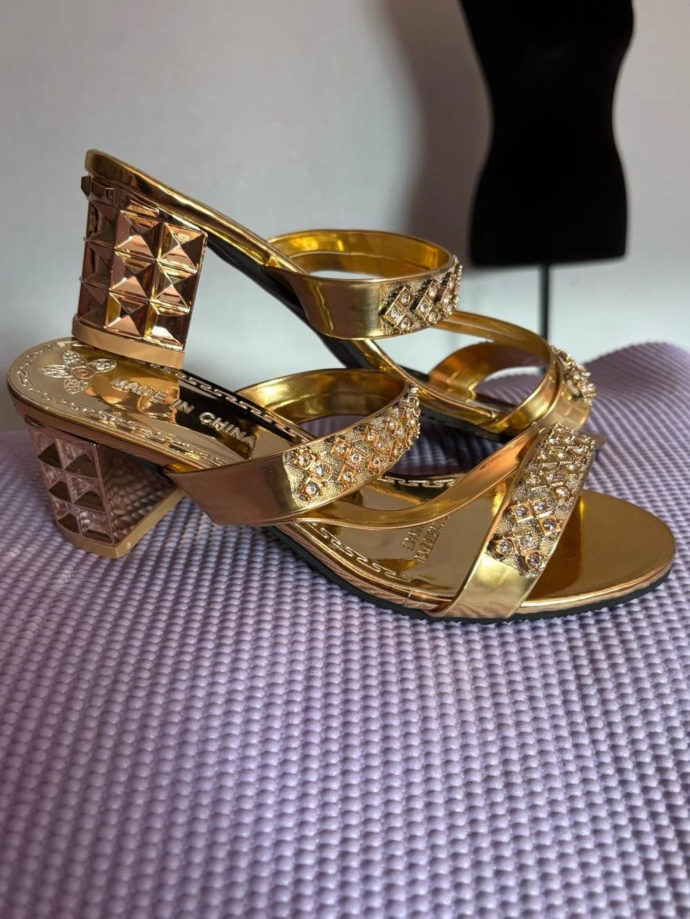 Gold Crystal Strappy Block Heels Perfect For Day & Night Looks Women’s Sandals